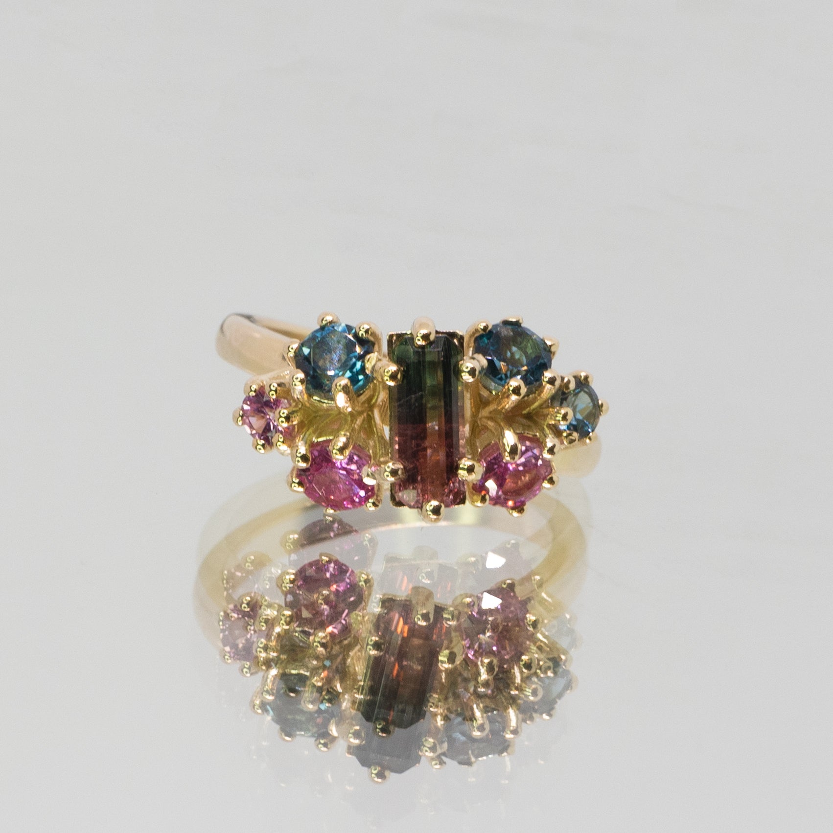 Bespoke -  Cluster ring with Blue and Pink Tourmaline with pink tourmaline and topaz