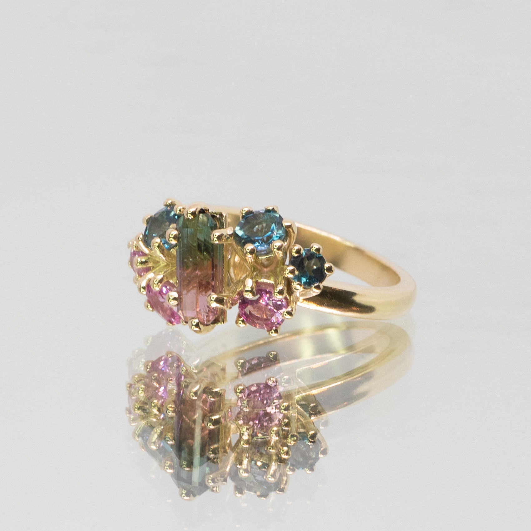 Bespoke -  Cluster ring with Blue and Pink Tourmaline with pink tourmaline and topaz