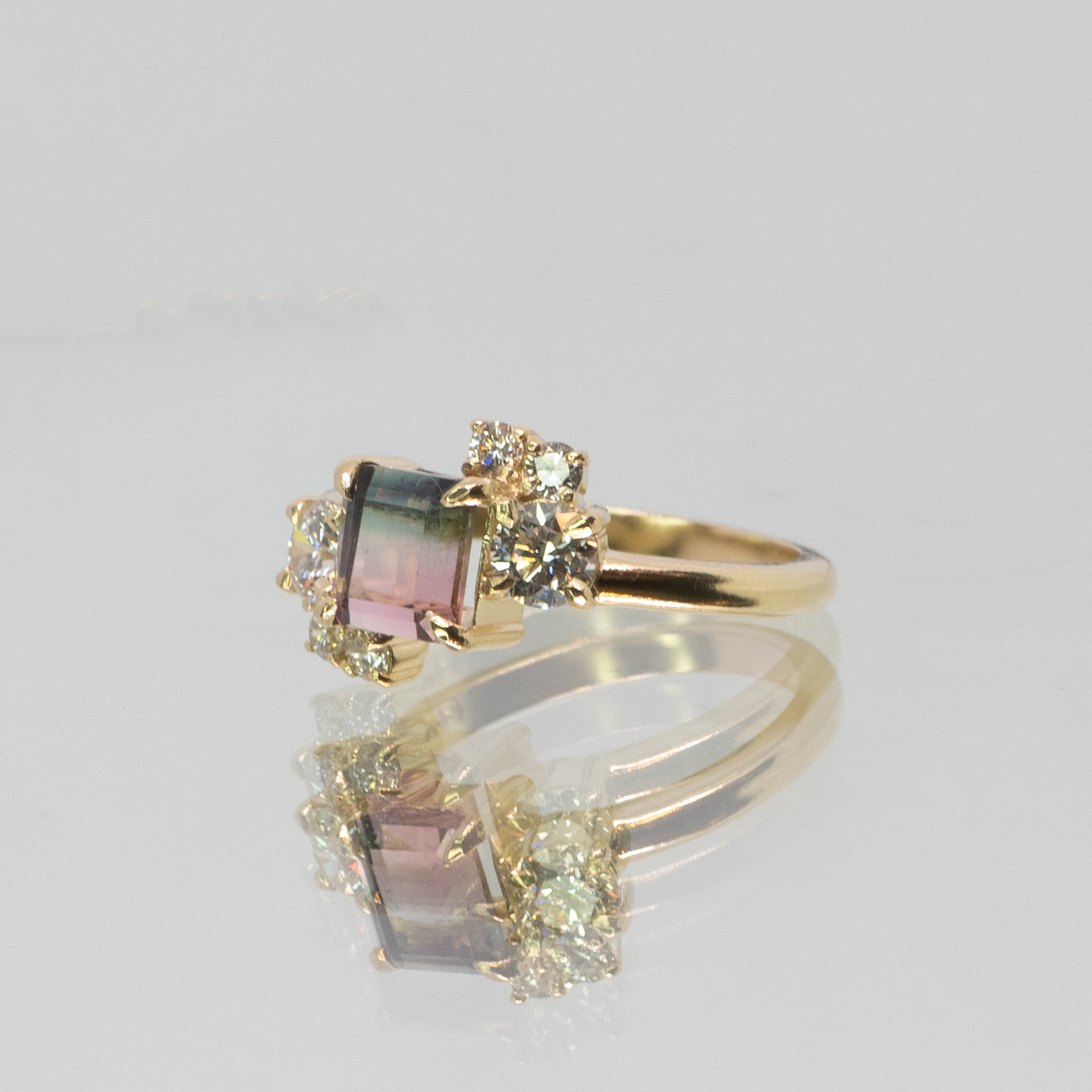 Bespoke - 14k Yellow Gold Blue and Pink Tourmaline with Diamonds ring